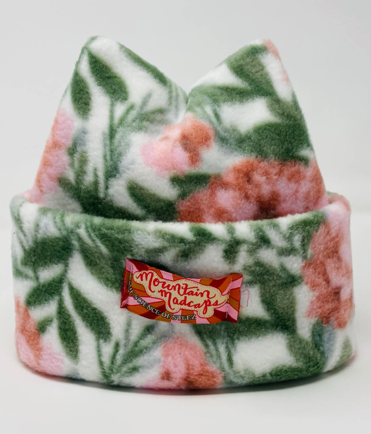 Green + pink floral 4-point beanie, cute winter hat, ski beanie