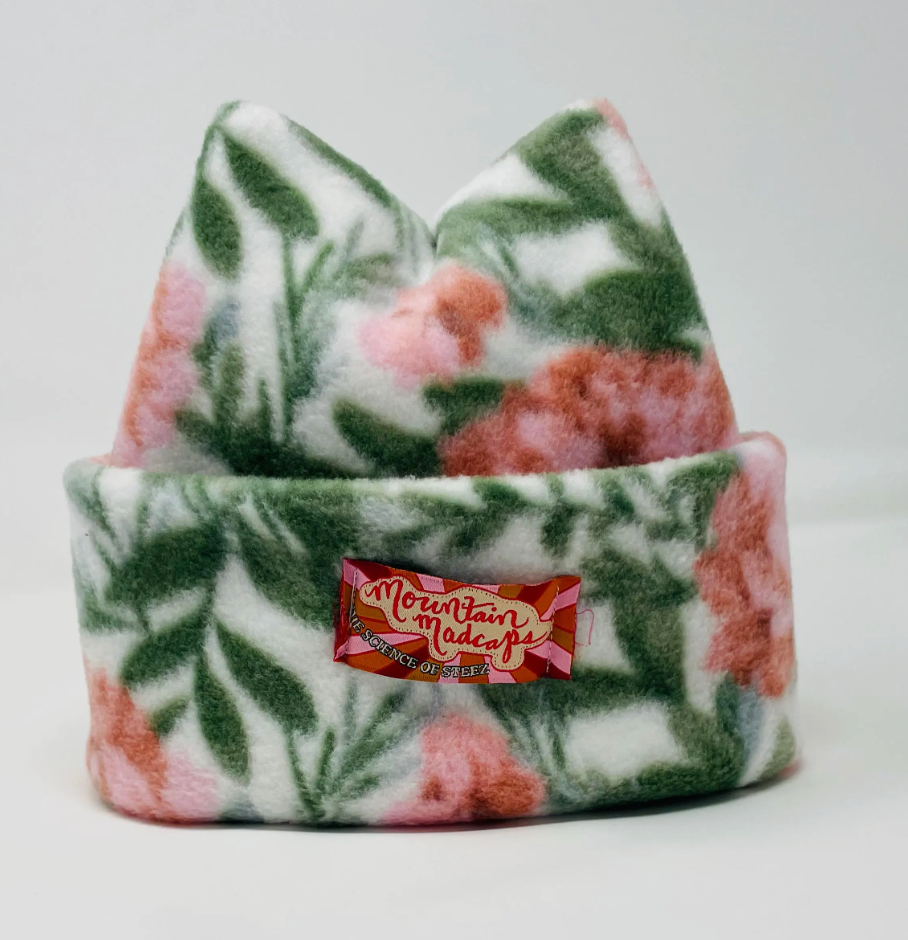Green + pink floral 4-point beanie, cute winter hat, ski beanie