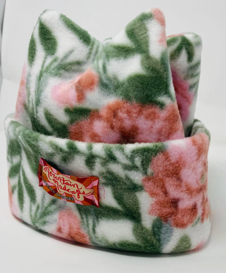 Green + pink floral 4-point beanie, cute winter hat, ski beanie